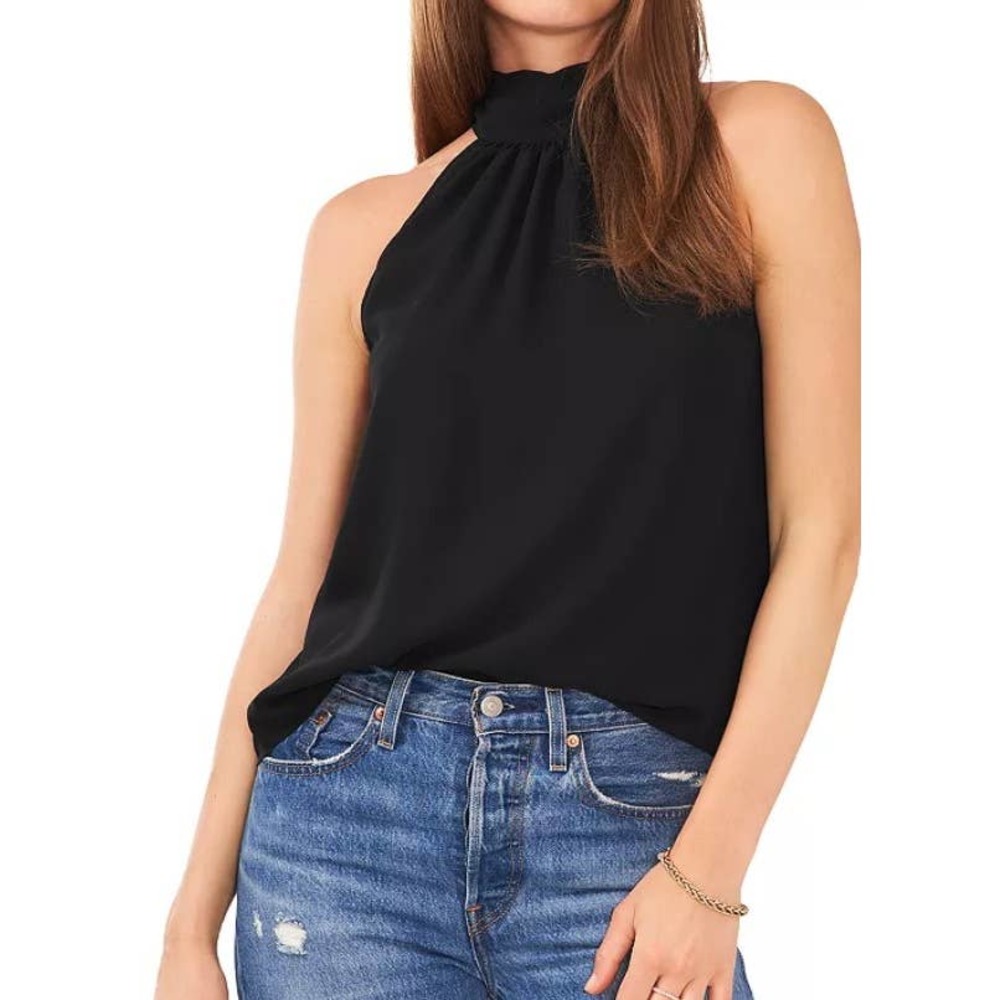 1.STATE Sleeveless‎ Back Tie Halter Top Black Chiffon Women's XS